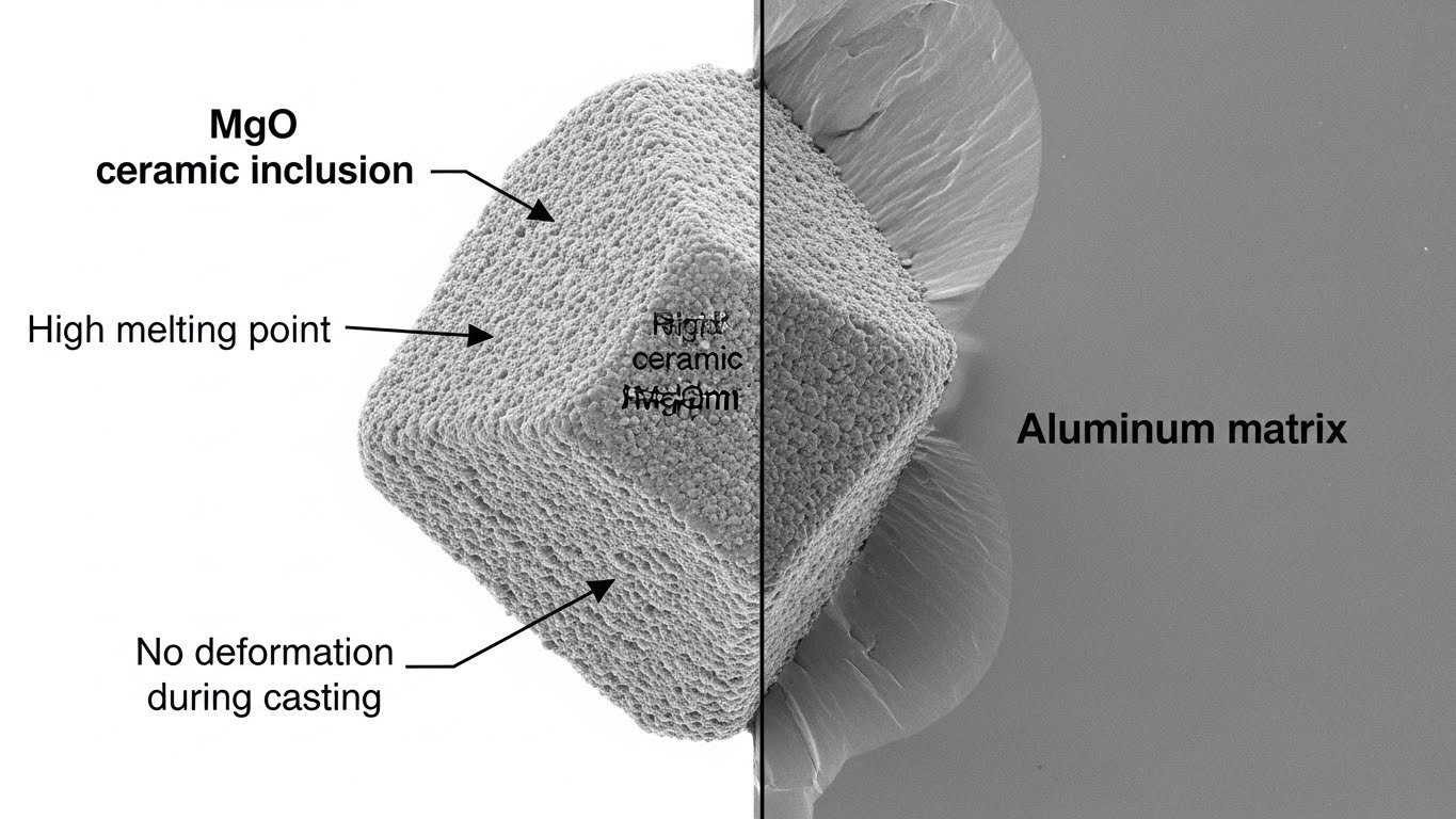 MgO inclusions embedded in aluminum melt showing hard ceramic particles that cause defects in die casting